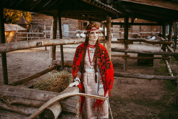 A beautiful Slavic girl with long blonde hair and brown eyes in a white and red embroidered suit is sitting next to a wooden house.Traditional clothing of the Ukrainian region.summer day - Φωτογραφία, εικόνα