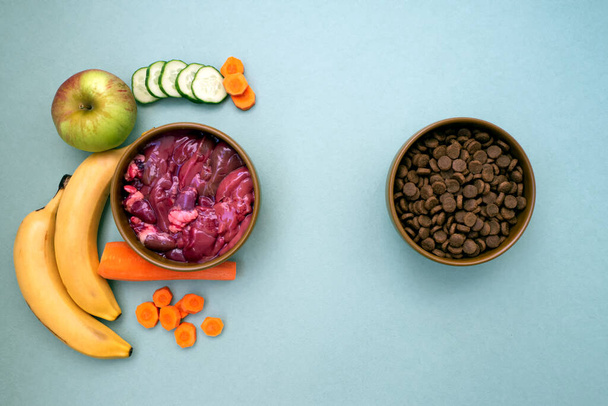 Dry pet food with natural ingredients. Raw meat, fruit and vegetables flat lay with copy space. choice between natural food and dry food for pet - Foto, imagen