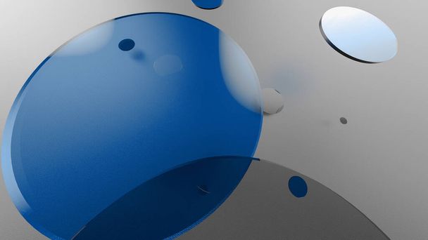 blauw metaal en ondoorzichtige cirkels en cilinders op gekleurde achtergrond. Abstracte achtergrond voor grafisch ontwerp met transparante glasvormen. 3d illustratie weergeven - Foto, afbeelding
