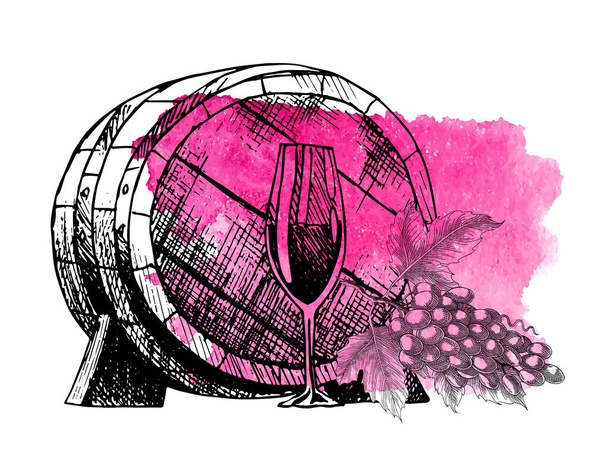 Винний виноград. Бочка, склянка, виноградна гілочка. Векторний фон з плямами вина та намальованою вручну ескізною ілюстрацією винограду. Виноробні вироби в стилі гранжевого ескізу
 - Вектор, зображення