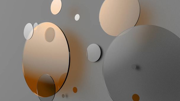 Pomarańczowy metal i nieprzezroczyste koła i cylindry na kolorowym tle. Abstrakcyjne tło do projektowania graficznego z przezroczystym szkłem. Ilustracja 3D renderowania - Zdjęcie, obraz