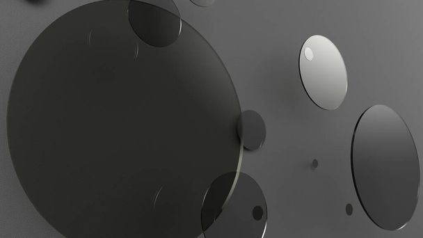 Szary metal i nieprzezroczyste koła i cylindry na kolorowym tle. Abstrakcyjne tło do projektowania graficznego z przezroczystym szkłem. Ilustracja 3D renderowania - Zdjęcie, obraz
