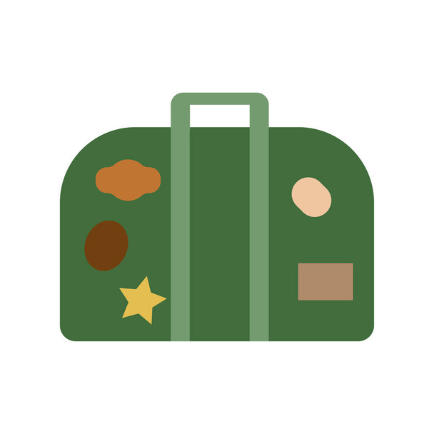 フラットスタイルイラストでステッカー付きグリーン旅行スーツケース。空のきれいなレトロな荷物 - ベクター画像