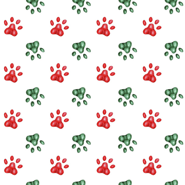 Watercolor red and green cat paw prints pattern. Christmas design for animal lovers. - Photo, Image