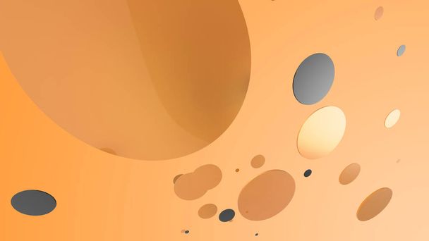 Pomarańczowy metal i nieprzezroczyste koła i cylindry na kolorowym tle. Abstrakcyjne tło do projektowania graficznego z przezroczystym szkłem. Ilustracja 3D renderowania - Zdjęcie, obraz