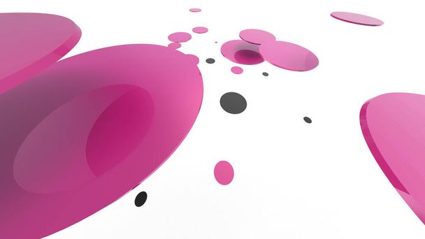 Różowy metal i nieprzezroczyste koła i cylindry na kolorowym tle. Abstrakcyjne tło do projektowania graficznego z przezroczystym szkłem. Ilustracja 3D renderowania - Zdjęcie, obraz