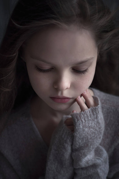 Sad crying girl. Portrait of beautiful little child. Facial expression. Kid and emotions. - Foto, imagen