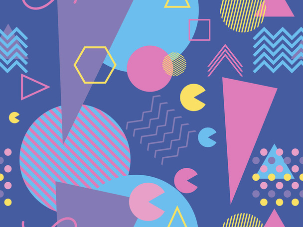 Бесшовный узор Memphis с геометрическими вставками в стиле 80-х. Модный ретро фон для печати на бумаге, рекламных материалах и ткани. Векторная иллюстрация - Вектор,изображение