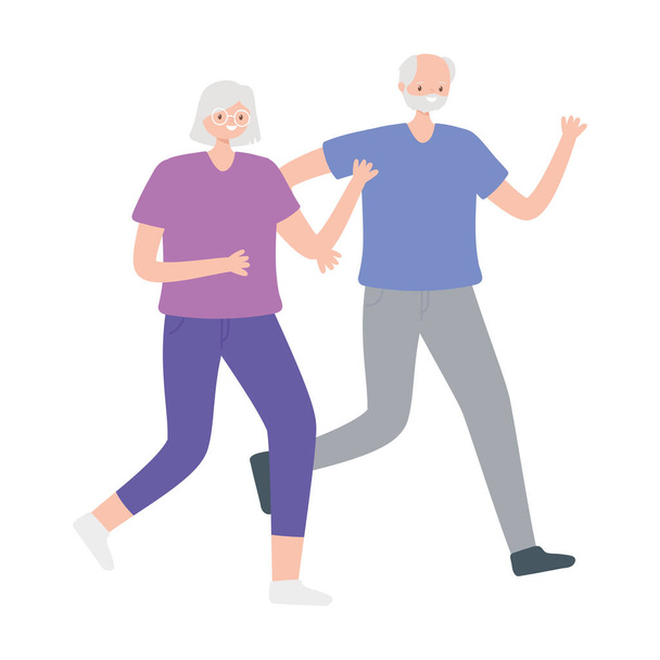 aktywność seniorzy, szczęśliwy starszy para spacery aktywność sport - Wektor, obraz