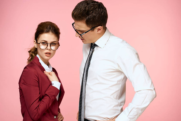 business man and woman office work colleagues team office management studio pink background - Photo, Image