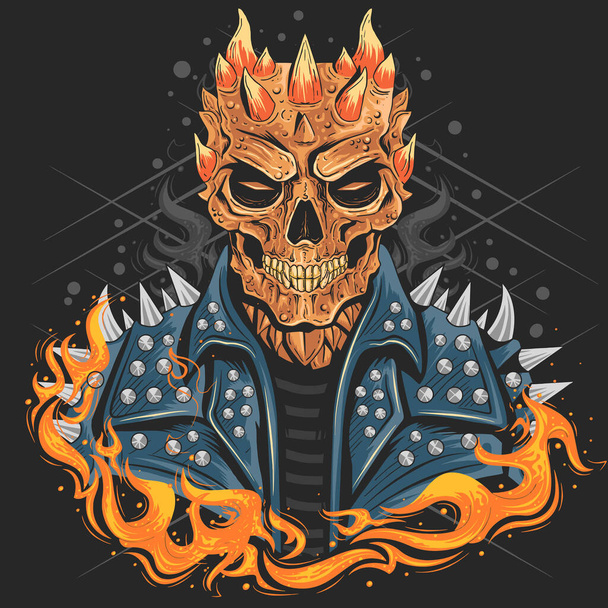 Totenkopf mit Feuer und Rockerjacke - Vektor, Bild