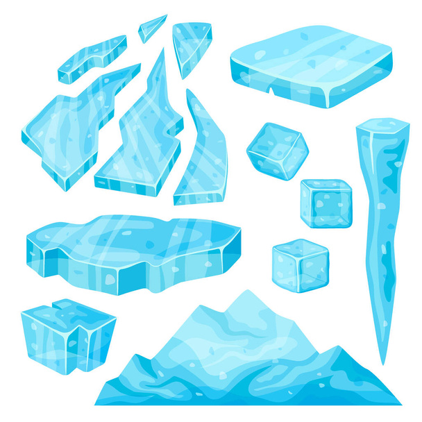 Iceberg, icicle, ice cube and broken pieces. Cold frozen blocks set, arctic snowy objects on white background, icy cliff and ice floe in cartoon style - Vector, afbeelding