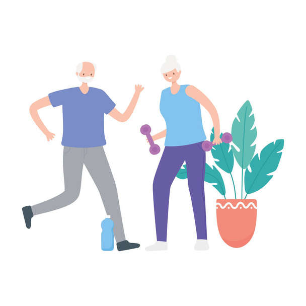 activity seniors, elder woman with dumbbell and old man stretching in the room - Vector, Image