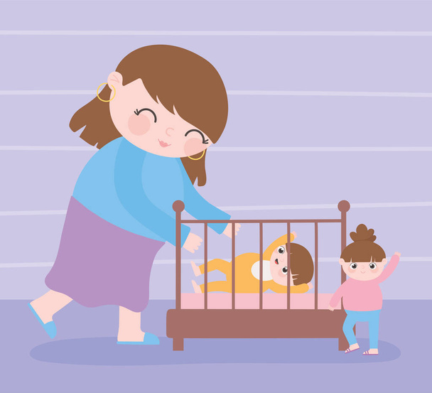 Schwangerschaft und Mutterschaft, süße Mutter mit ihrem Baby in der Krippe und kleine Tochter cartoon - Vektor, Bild