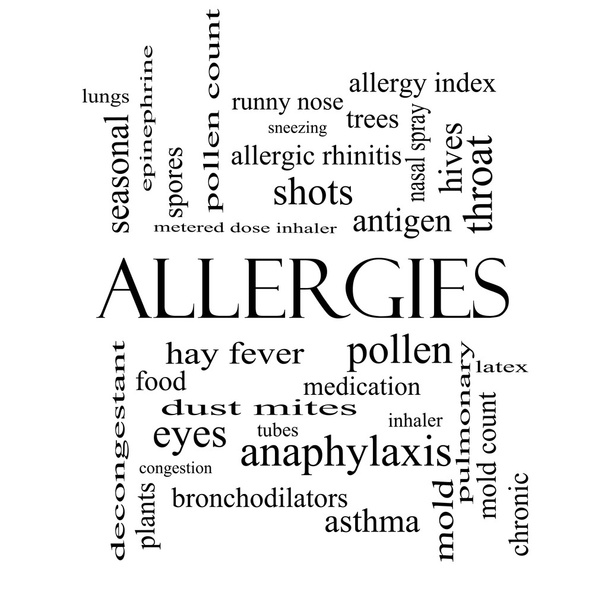 Alergias Conceito de nuvem do Word em preto e branco
 - Foto, Imagem