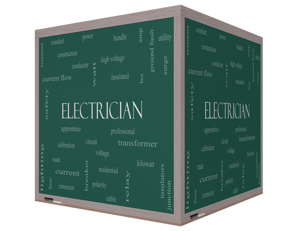 Elektrikçi kelime bulutu kavramı üzerinde bir 3d cube yazı tahtası - Fotoğraf, Görsel