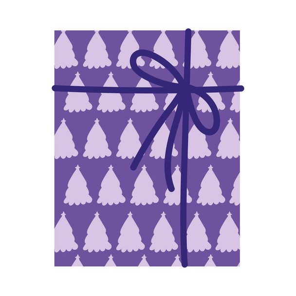 Wesołych Świąt, fioletowy prezent z drzewami i dekoracji wstążką, odosobniony design - Wektor, obraz