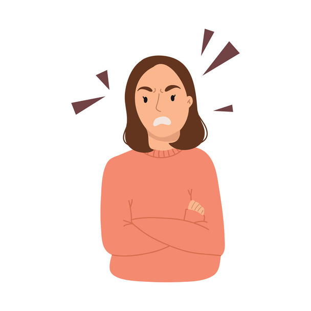 Portretten van boze, woedende jonge vrouw in roze trui geïsoleerd op witte achtergrond. Platte cartoon vector hand getekend illustratie. - Vector, afbeelding