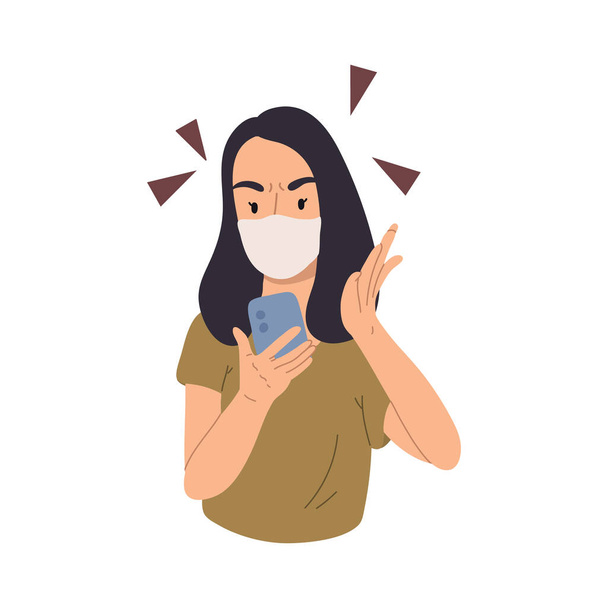 Portraits of angry, furious young woman looks at the phone in green T-shirt with face mask to protect against the virus isolated on white background. Flat cartoon vector hand drawn illustration. - Vector, Image
