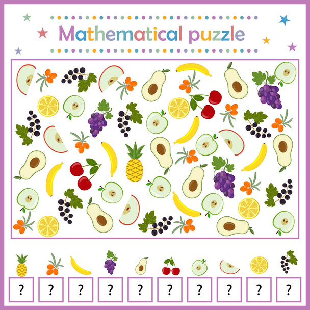 Математична головоломка, фруктово-ягідна головоломка для розвитку дітей, підрахунок і запис числа, кольорові векторні ілюстрації в плоскому стилі, освіта, розваги, дизайн, прикраси
 - Вектор, зображення