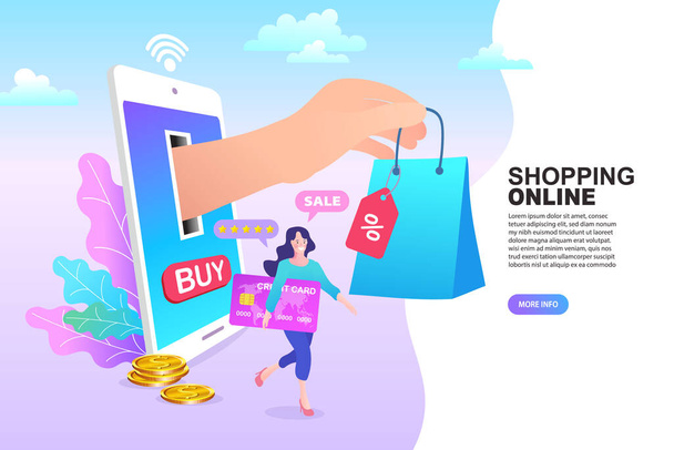 Many people use online shopping services. Smartphone marketing and e-commerce. Vector illustration. - Vector, Image