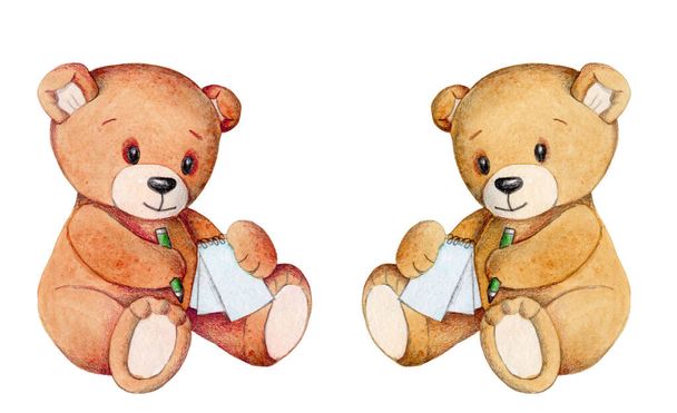 Watercolor hand drawn illustration of cute cartoon teddy bear sitting and writing. Isolated on white background. Illustration for baby and kids design. - Photo, Image