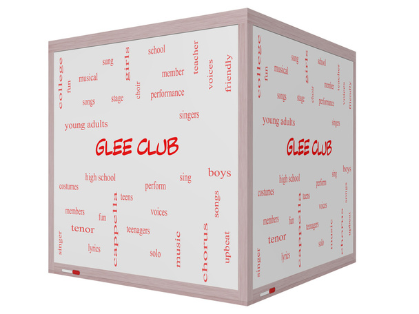 Glee club έννοια σύννεφο λέξη σε ένα 3d κύβος whiteboard - Φωτογραφία, εικόνα