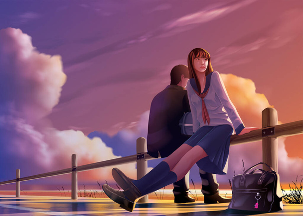 vector illustration in an anime style of young Japanese students relax together at the harbor in the evening - Vector, Image
