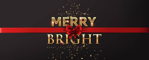 Calligraphic Merry & Bright golden texture and realistic ribbon red luxury. Advertising Poster design.logo golden color on dark background.Vector illustration. - Διάνυσμα, εικόνα