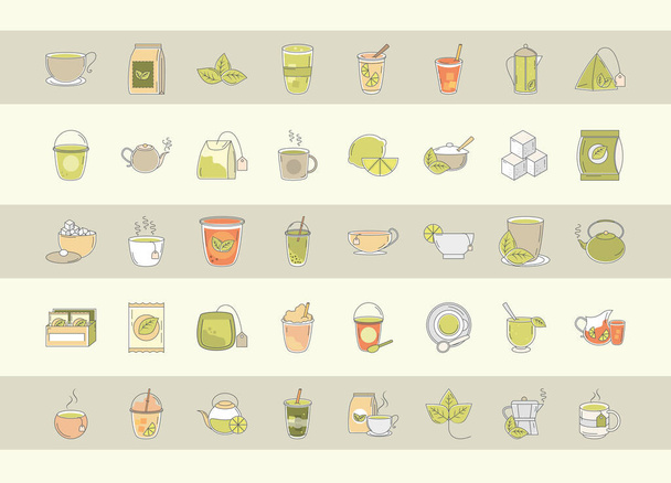 chá, bebida fresca xícaras de bule tradicionais folha de açúcar de teca, ícones definir linha e preencher - Vetor, Imagem
