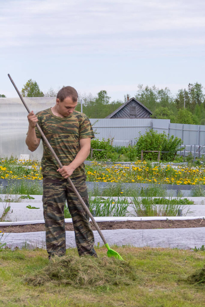 Un adolescente ayuda a eliminar la hierba cortada del campo. - Foto, Imagen