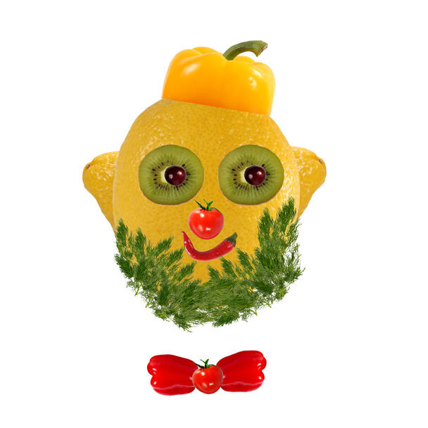 Gesunde Ernährung. Lustiges Gesicht aus Gemüse und Obst - Foto, Bild