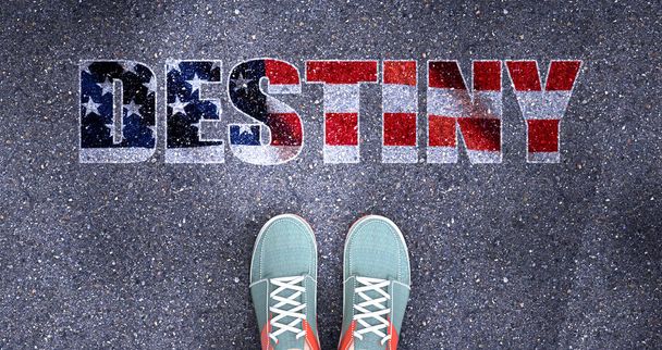 Destiny e la politica negli Stati Uniti, simboleggiata come una persona di fronte alla frase Destiny Destiny è legato alla politica e la scelta di ogni persona, illustrazione 3d - Foto, immagini