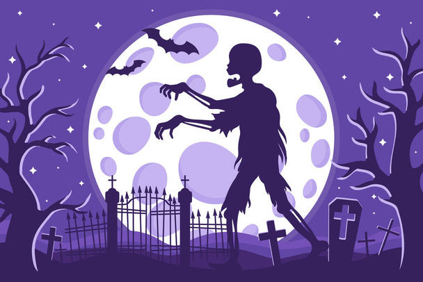 Διάνυσμα εικονογράφηση κινουμένων σχεδίων του Halloween ζόμπι σιλουέτα σε ένα νεκροταφείο σε φόντο της πανσελήνου, αστέρια και νυχτερίδες. Απόκριες έννοια διακοπές. - Διάνυσμα, εικόνα