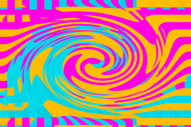 ツイル渦巻きテクスチャ3波色シアン青ピンクオレンジ背景とともにコピースペースバナー広告催眠精神医学マルチカラーテクスチャ - 写真・画像