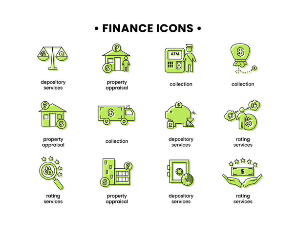 Pénzügy. Az ikonok vektorillusztrációs készlete letéti szolgáltatások, ingatlan értékbecslés, minősítési szolgáltatások, gyűjtemény - Vektor, kép