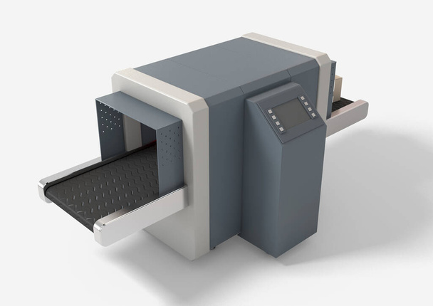 Серия картонных коробок на резиновом конвейере, проходящих через катомы рентгеновский грузовой сканер на изолированном фоне - 3D рендеринг - Фото, изображение
