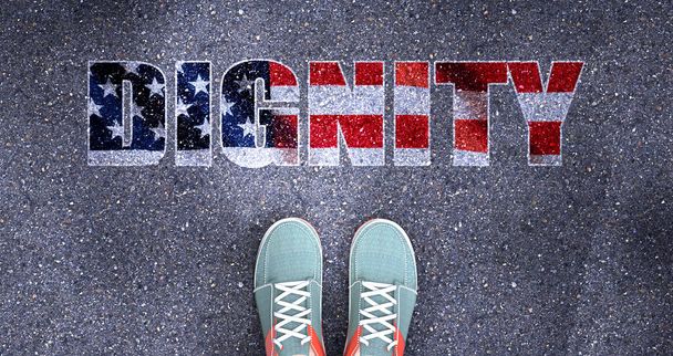 Dignité et politique aux Etats-Unis, symbolisée comme une personne debout devant l'expression Dignité La dignité est liée à la politique et au choix de chaque personne, illustration 3D - Photo, image