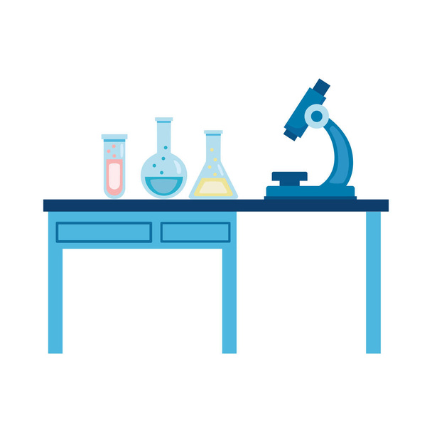 медицинские пробирки и микроскоп в лабораторных настольных плоских иконках - Вектор,изображение