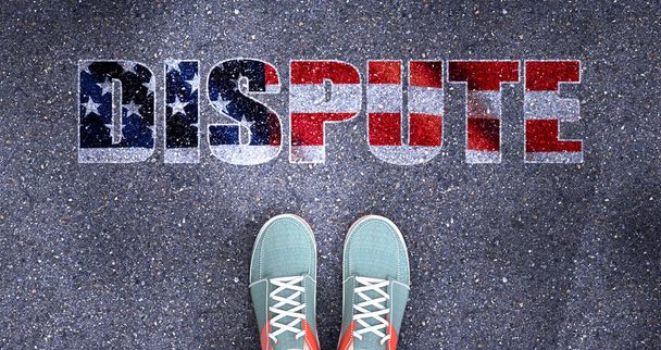Dispute and politics in the USA, symbolized as a person standing in front of the phrase Dispute  Dispute is related to politics and each person's choice, 3d illustration - Photo, Image