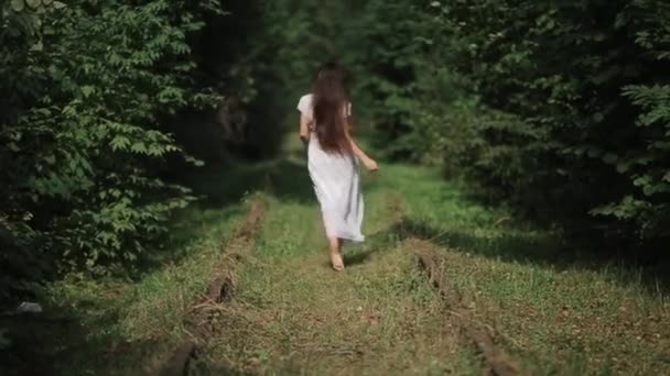 Energinen nuori nainen kulkee paljain jaloin vanhan rautatien ratapölkkyjä pitkin kesämetsässä, suoristaa pitkät hiuksensa käsillään ja kääntyy ympäri. Taustakuva - Materiaali, video