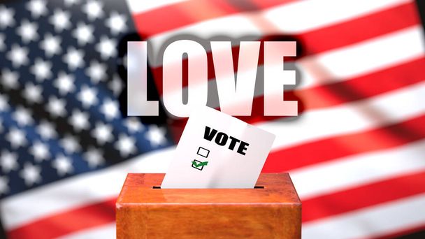 Miłość i głosowanie w USA, przedstawiony jako urna do głosowania z flagą amerykańską w tle i wyrażenie Miłość symbolizująca, że miłość jest związana z wyborami, ilustracja 3D - Zdjęcie, obraz