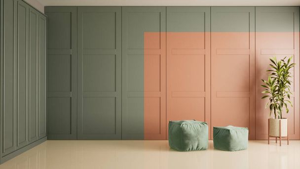 Living Room interior design in modern style, green and peach wall, 3d render background - 写真・画像