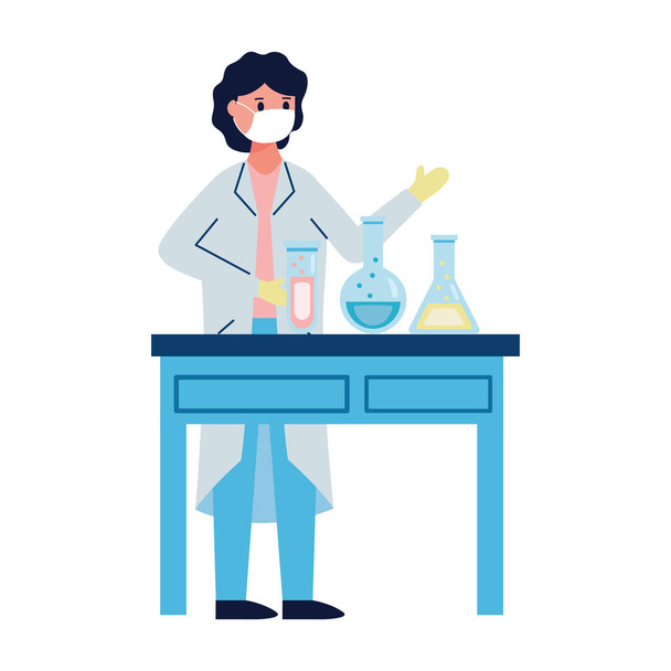 female doctor wearing medical mask woking in laboratory desk flat icons - Vector, Image