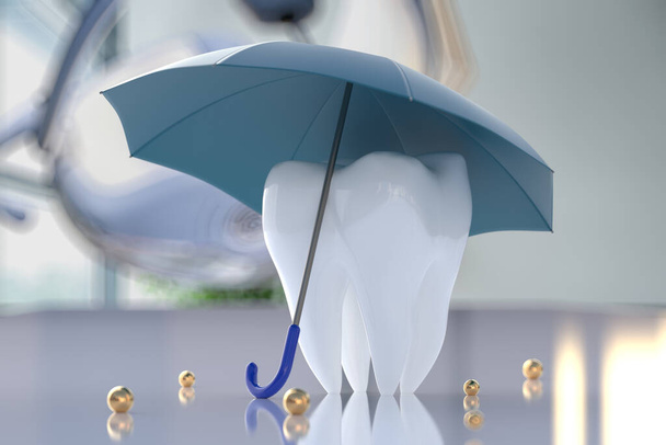 Şemsiyenin altında bir diş, arka planda bulanık bir diş kliniği. Sağlık, sigorta konsepti, diş sağlığı, tıbbi bakım. 3d illüstrasyon - Fotoğraf, Görsel