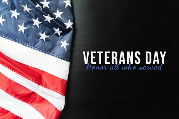 Veterans day. Honoring all who served. American flag on black background. - Фото, зображення