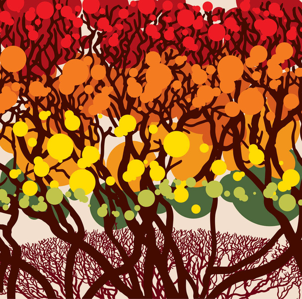 Arbres d'automne colorés. Caricature rouge, jaune, orange et vert automne arbre et automne jardin buisson automne saison or feuilles ville parc et forêt paysage fond vecteur isolé sur beige - Photo, image
