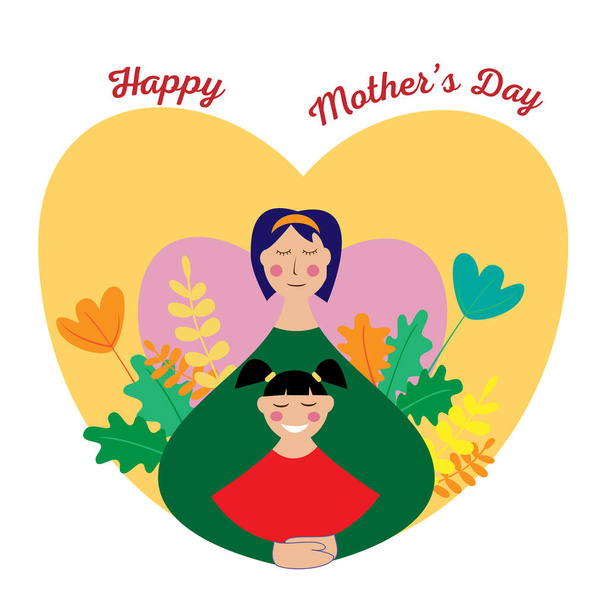 Happy mother's day vector greeting card template with mom and daughter - Вектор, зображення