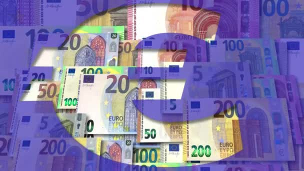 billetes en euros que fluyen bajo el símbolo del euro en transparencia en la animación abstracta - Metraje, vídeo