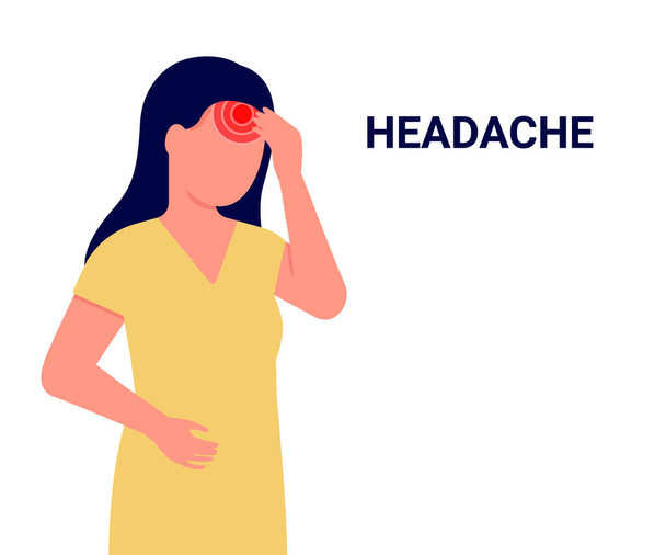 Голова болит. Молодая женщина страдает от боли в голове. Мигрень, стресс, усталость, плохое здоровье, высокая температура - Вектор,изображение
